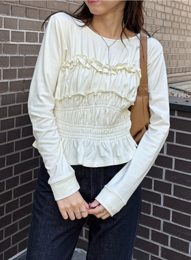 日单CAPR**X LE**GE纯原2025秋新品气质修身花瓣边长袖T恤打底衫