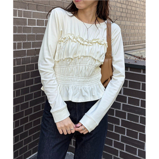 日单CAPR**X LE**GE纯原2025秋新品气质修身花瓣边长袖T恤打底衫