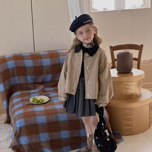 女童春装全棉拼色翻领夹克潮