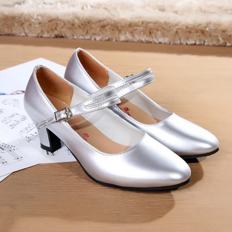 拉丁舞鞋室外胶底女中跟演出银色舞蹈鞋女亮皮广场舞鞋软底中老年