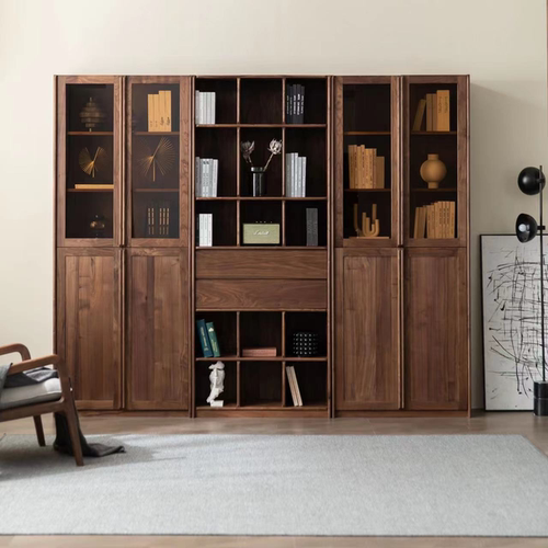 黑胡桃实木书柜定制原木背景墙客厅书房组合柜樱桃木白蜡木橡木