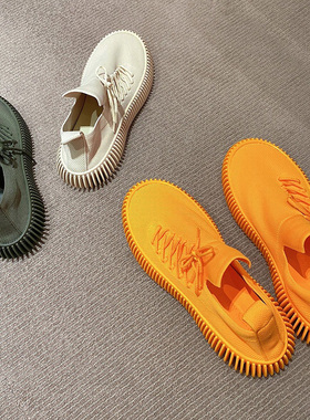 DX.BV休闲鞋2025年新款夏黄色平跟圆头系带软底针织透气运动鞋男