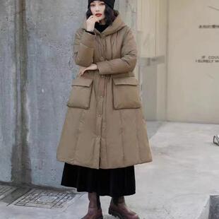 复古气质长款白鸭绒羽绒外套文艺中国风保暖轻便连帽纯色羽绒服女