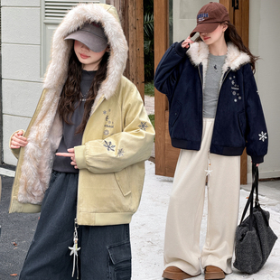 儿童装女童深秋夹棉外套中大童女孩秋冬款韩版连帽加厚毛领派克服