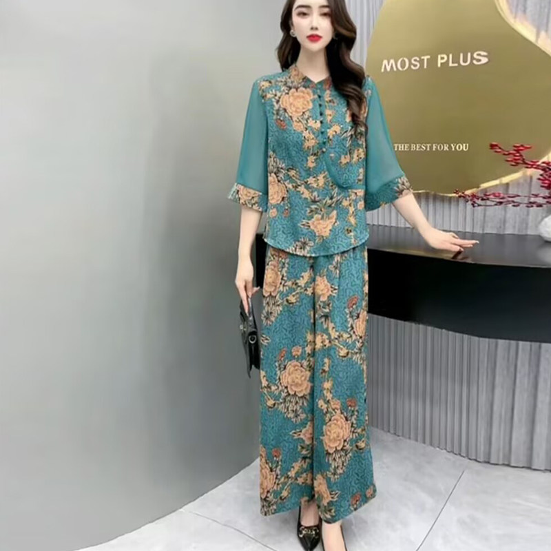 短袖薄款国风新款时尚气质妈妈装套装女复古印花上衣阔腿裤两件套