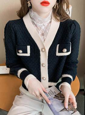秋装2021新款气质拼色上衣外套长袖黑色针织衫开衫外套女春秋