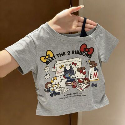 女童时髦HelloKitty短袖T恤短款儿童百搭女孩上衣纯棉薄款夏季潮