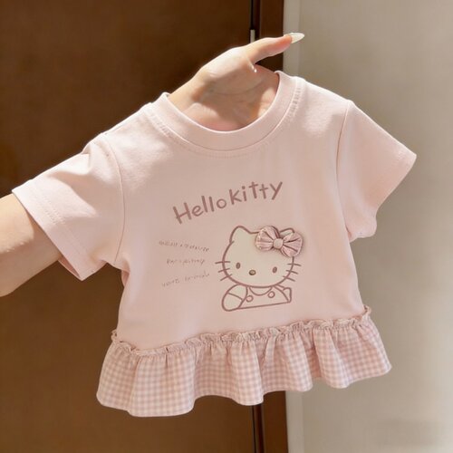 女童立体卡通印花粉色荷叶边短袖T恤夏季可爱薄款上衣纯棉中小童