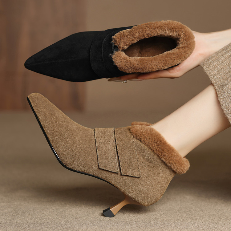 2025秋冬新款真皮细跟高跟鞋毛毛短靴女尖头细跟气质高级感瘦瘦靴