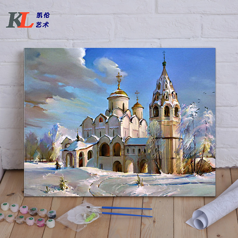 diy数字油画风景欧洲建筑填色画