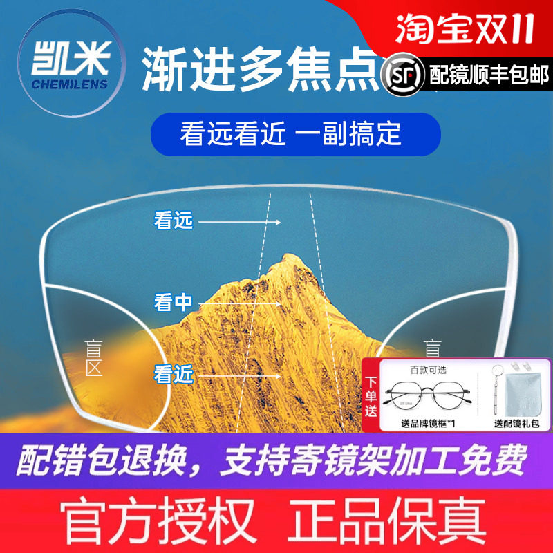 韩国凯米内渐进镜片渐进多焦点远近两用近视老花变色防蓝光眼镜片