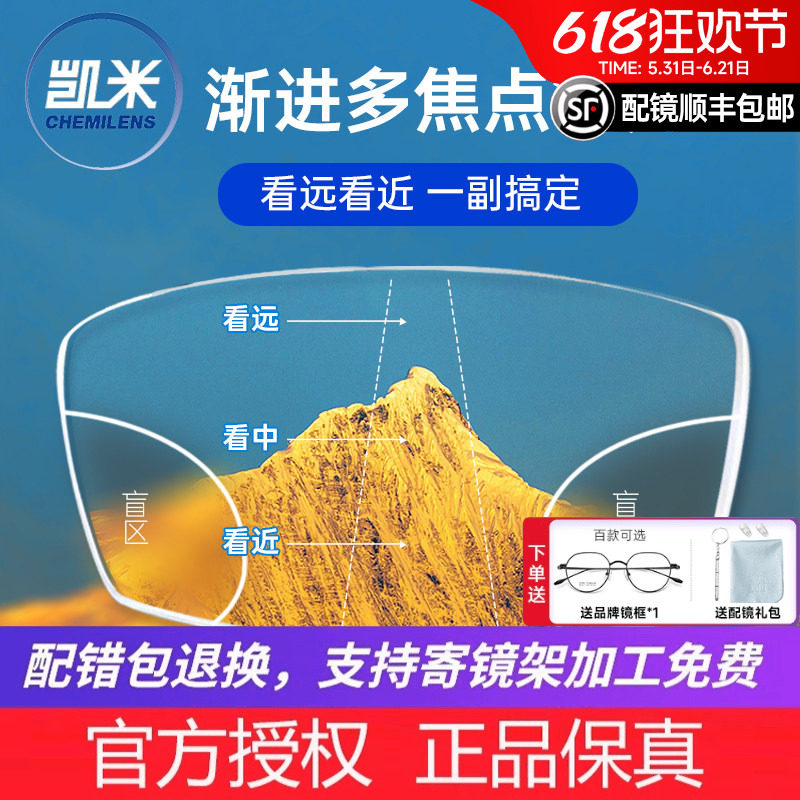 韩国凯米内渐进镜片渐进多焦点远近两用近视老花变色防蓝光眼镜片