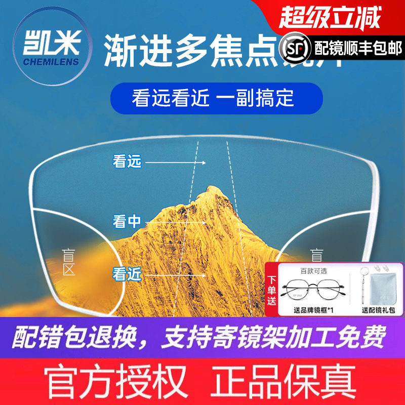 韩国凯米内渐进镜片渐进多焦点远近两用近视老花变色防蓝光眼镜片