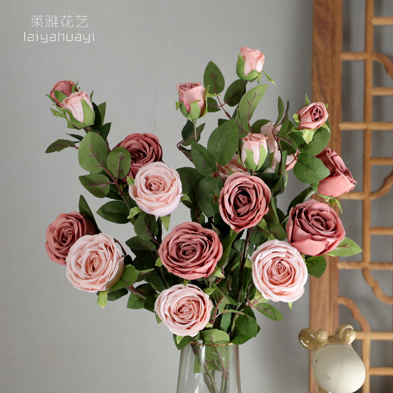 honey甜心玫瑰 单枝3头仿真花客居客厅落地装饰花餐桌摆件装饰