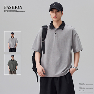 上衣 复古纯棉宽松百搭休闲潮流短袖 拼色洗水翻领Polo衫 男2026夏季