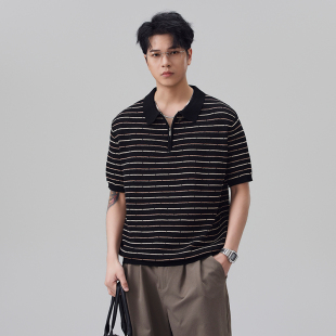 新款 男2026夏季 老钱风高级感镂空针织翻领上衣 POLO衫 半拉链短袖