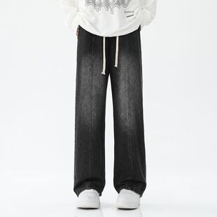 实拍2026春季新款牛仔裤男宽松直筒松紧腰系绳拼接潮流百搭长裤子