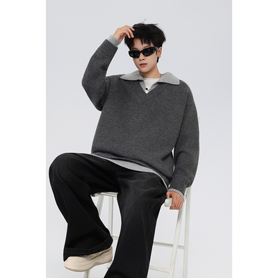 美式复古假两件v领毛衣男款冬季翻领老钱风针织衫上衣慵懒风外套