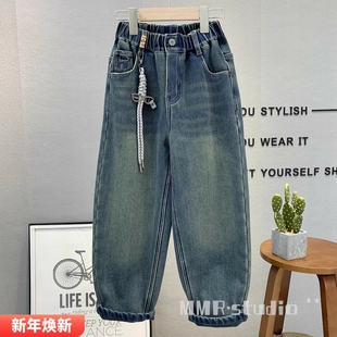 男女童一体绒老爹裤 牛哆哆童装 2025冬款 加绒牛仔裤 87831 儿童韩版