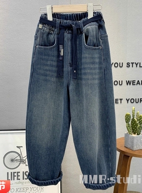 大E小e童装 儿童韩版加绒牛仔裤2025冬款男女童洋气老爹裤潮66615