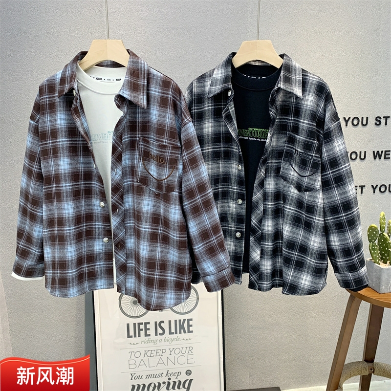 卡芙恰恰纯棉韩版春秋格子衬衫