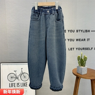 男女童加绒老爹裤 大E小e童装 2025冬款 羊驼绒牛仔裤 7818 儿童韩版