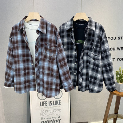 卡芙恰恰纯棉韩版春秋格子衬衫