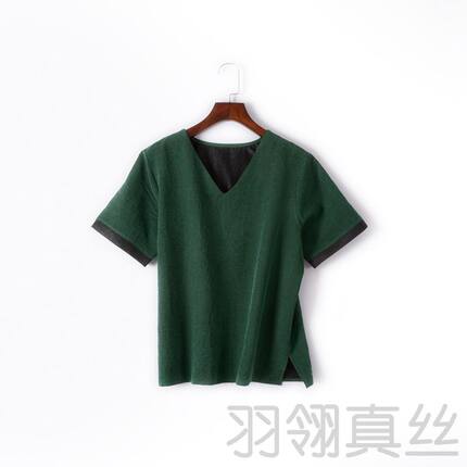 绿色真丝百搭香云纱V领龟纹短袖T恤女夏季复古国风重磅桑蚕丝上衣
