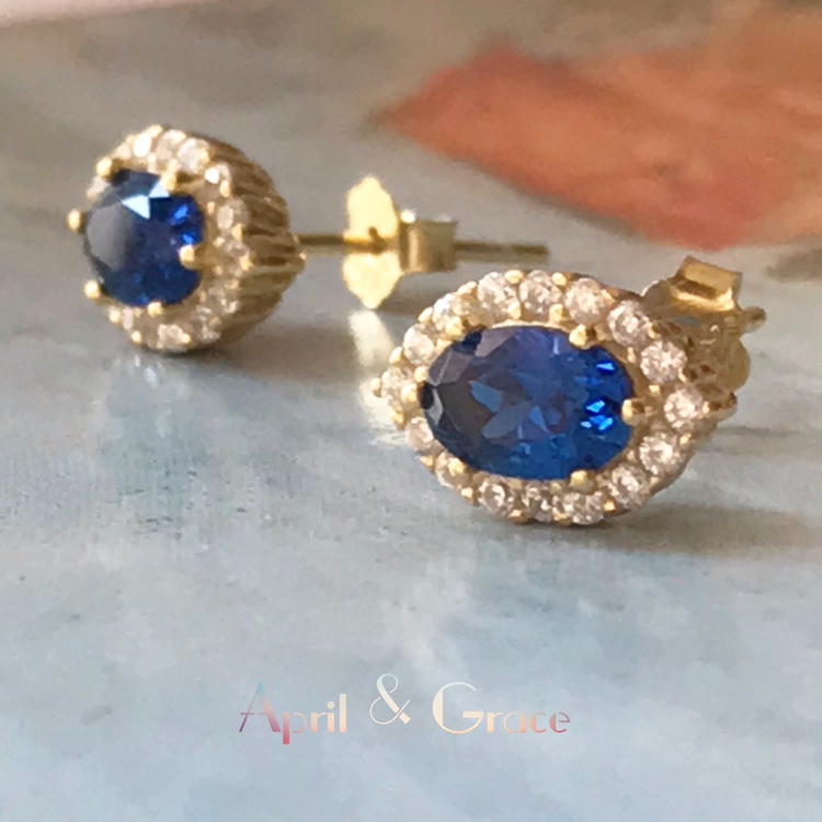 四月的格蕾丝复古皇家蓝尖晶耳钉耳环s925通体纯银镀18k真金
