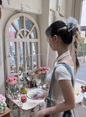 甜美蓝色格子花边多层大肠发圈少女扎头发丸子头发绳侧低马尾头绳