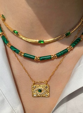 天然孔雀石串珠项链女配饰祖母绿色宝石轻奢小众2025新款毛衣颈链