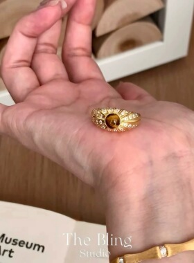 布契风天然虎眼石重工拉丝戒指中古太阳花纯银厚镀18k金色指环女