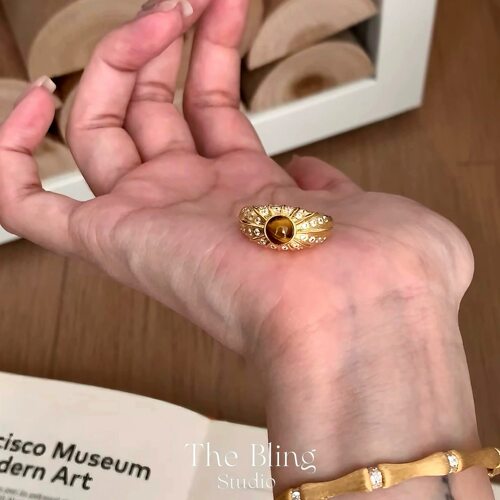 布契风天然虎眼石重工拉丝戒指中古太阳花纯银厚镀18k金色指环女