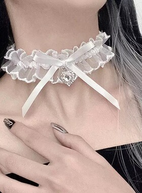 纯欲风白色蕾丝蝴蝶结项链小众设计感爱心水钻choker甜酷辣妹颈链