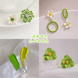 清新绿色可爱花朵甜美无耳洞耳夹高级气质百搭新耳环森系港风耳饰
