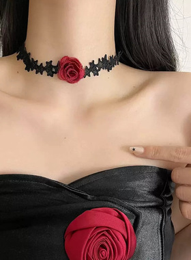 黑白色花朵颈链玫瑰花choker颈花颈带项链女脖子项圈山茶花锁骨链