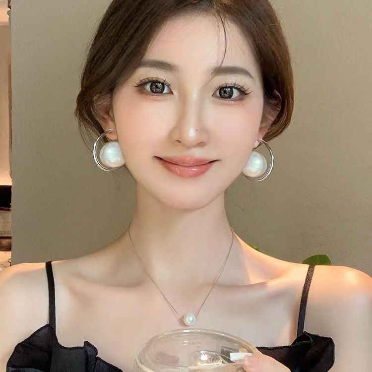 银针C形大珍珠耳钉女小众设计感法式夸张耳环2025年新款气质耳饰