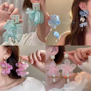 超仙夏日蓝色流苏花朵耳钉高级度假海边风小众耳环绝美气质耳饰