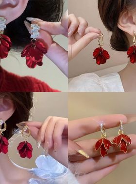 流苏新款玫瑰耳坠网红长