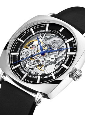 赛娜斯SENORS新款方形机镂空全自动机械男士手表舒适硅胶表