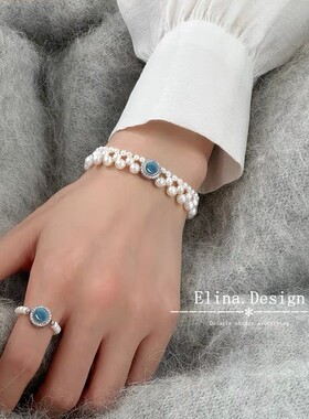 甜美国风简约轻奢手工编织通体S925银海蓝宝珍珠手链