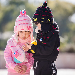 可爱加绒保暖护耳帽 韩版 针织毛线围巾套装 小恶魔儿童帽子男潮冬季