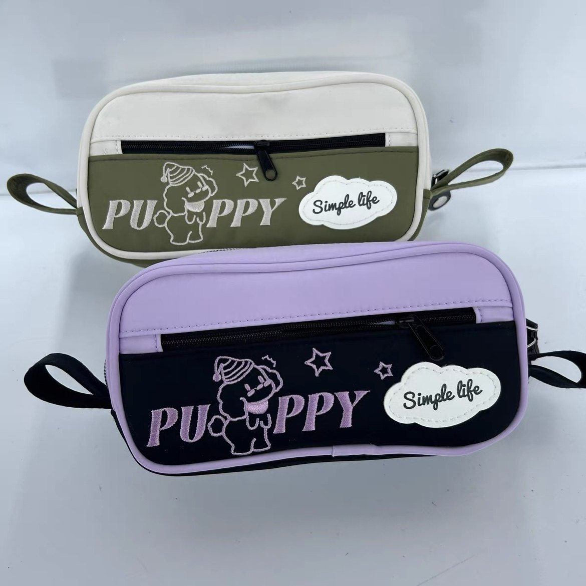 可爱刺绣小狗男女大容量笔袋 加厚涤纶布面 小学生文具袋收纳包