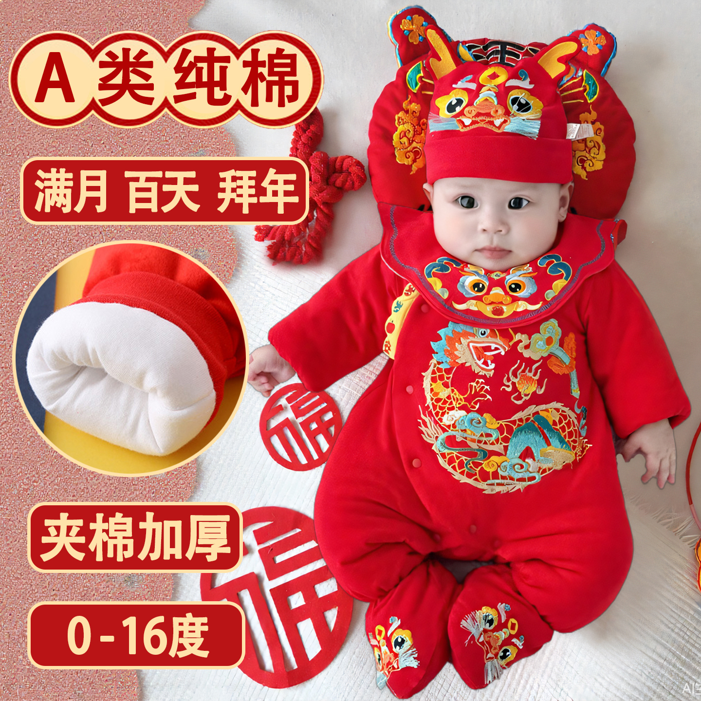 纯棉满月百天礼服拜年厚棉服