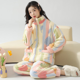 好波睡衣女款秋冬季保暖加厚加绒可爱法兰绒拉链套装珊瑚绒冬天家