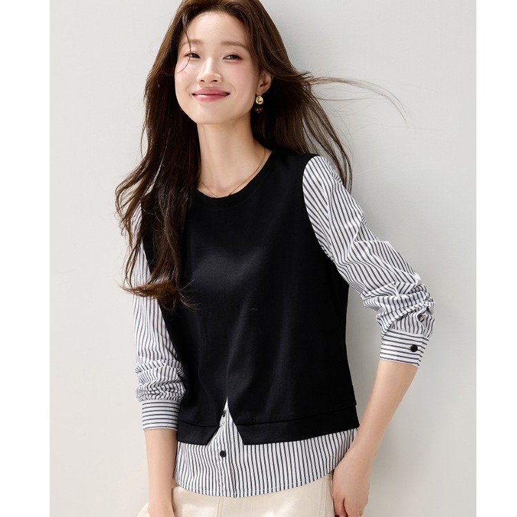 假两件长袖T恤拼接条纹卫衣女