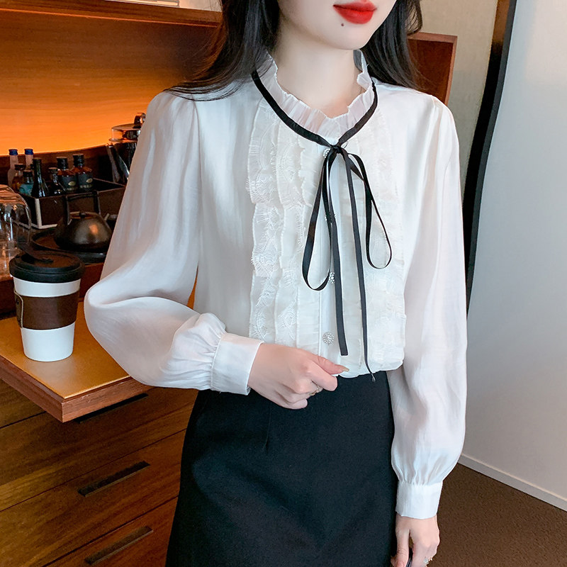 小香风蝴蝶结衬衫女春秋温柔木耳边法式复古宫廷系带长袖雪纺上衣