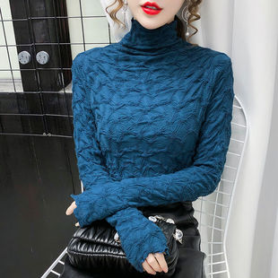 百搭秋冬洋气显瘦长袖 女内搭小衫 上衣 胖MM蕾丝半高领打底衫 大码