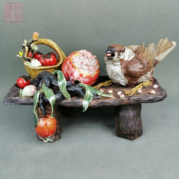 半原作孤品石湾公仔大师许英进陶瓷鸟喜悦柿子花篮展厅餐摆件收藏