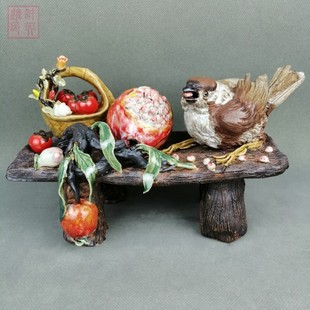 原作孤品石灣公仔大師許英進陶瓷鳥喜悅柿子花籃展廳餐擺件收藏